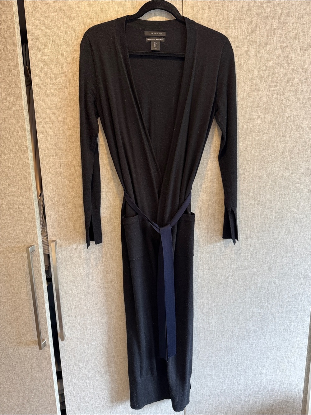 Tahari Black Long Duster Cardigan with Navy Tie
